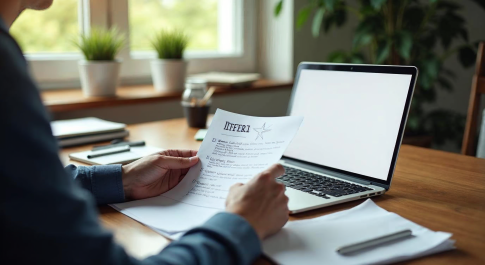 Domain seller reviewing an offer and negotiation checklist at a desk
